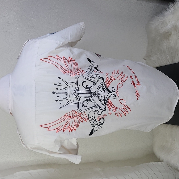 Shirt Size Large White Black Red Embroidery Short Sleeve Unique Skater Surfer - Picture 5 of 8